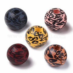 Perles de bois naturel peintes, imprimé, rond avec imprimé léopard, couleur mixte, 10x9mm, Trou: 2.5mm