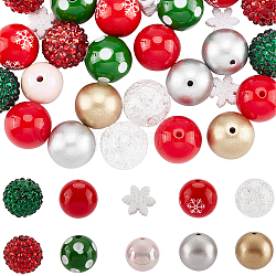 Sunnyclue 50pcs 10 perles acryliques sur le thème de Noël, avec resinrhinestone, rond et flocon de neige, couleur mixte, 14.5~20x13~20x6~20mm, Trou: 2~4mm, 5 pièces / style