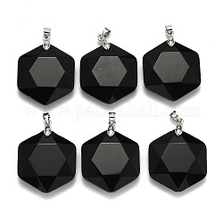 Pendentifs en agate noire naturelle, avec les accessoires en laiton de tonalité de platine, facette, hexagone, 28x25x9mm, Trou: 4x5mm