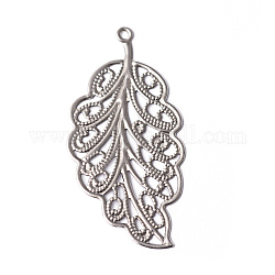 201 Stainless Steel Filigree Pendants, Leaf, Stainless Steel Color, 34x17x0.6mm, Hole: 1mm
