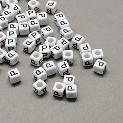 Perline europee di grandi dimensioni in acrilico, foro orizzontale, bianco & nero, cubo con letter.p, 7~8x7~8x7~8mm, Foro: 4 mm, circa 1144pcs/500g