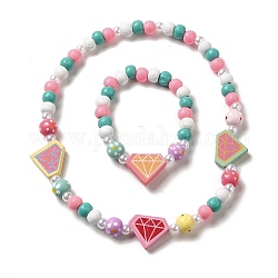Ensemble de bijoux en bois d'érable et acrylique, collier de perles et bracelet extensible pour enfants, diamant, bracelet : diamètre intérieur : 1-3/4 pouce (4.3 cm), collier : 15-5/8 pouce (39.6 cm)
