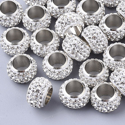 Perles de strass en argile polymère, avec des noyaux uniques en laiton de tonalité de platine, Perles avec un grand trou   , rondelle, cristal, pp13 (1.9~2mm), 4 rangs de strass, 14x9mm, Trou: 8mm