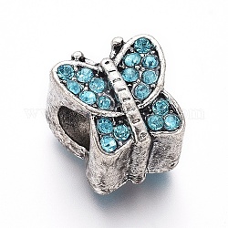 Antique Silver Plated Alloy European Beads, with Rhinestone, Large Hole Beads, Butterfly, Aquamarine, 11x10.5x9mm, Hole: 5mm