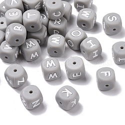 Silikonperlen, Würfel mit zufällig gemischten Buchstaben, Grau, 12x12x12 mm, Bohrung: 2 mm