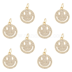 DICOSMETIC 8Pcs Rhinestone Smile Face Charms Real 18K Gold Plated Flat Round with Smile Face Pendants CZ Hollow Happy Smiling Pendants with Jump Ring for Jewelry Making, Hole: 5mm
