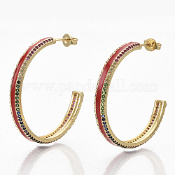 Brass Micro Pave Colorful Cubic Zirconia Stud Earrings, Half Hoop Earrings, with Enamel and Ear Nuts, Real 18K Gold Plated, FireBrick, 35~37x35~36x4.5mm, Pin: 0.7mm