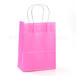 Sacchetti di carta kraft di colore puro, sacchetti regalo, buste della spesa, con manici in spago di carta, rettangolo, rosa caldo, 21x15x8cm