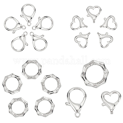 SUNNYCLUE 18Pcs 3 Style Zinc Alloy Lobster Claw Clasps and Spring Gate Rings, Heart & Parrot Trigger & Polygon Ring, Platinum, 6pcs/style
