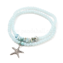 Stretch Bracelets Sets, Stackable Bracelets, with Starfish Alloy Pendants, Rondelle Glass Beads, Natural Larimar & Turquoise(Dyed) Beads, Antique Silver, Light Cyan, Inner Diameter: 2-1/8 inch(5.5cm), 2pcs/set