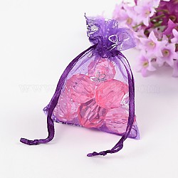 Organza Bag with Drawstring, Jewelry Pouches Bags, for Wedding Party Candy Mesh Bags, Rectangle with Butterfly Pattern, Dark Violet, 9x7cm