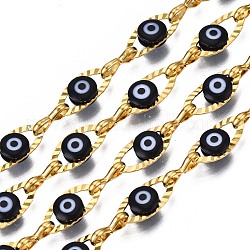 Chapado de iones (ip) 304 cadenas de cable ovaladas texturizadas de acero inoxidable, con perlas de mal de ojo esmaltadas, con carrete, sin soldar, real 18k chapado en oro, sin níquel, negro, 11x5.5x3mm, 7.5x3x1mm, aproximadamente 32.81 pie (10 m) / rollo
