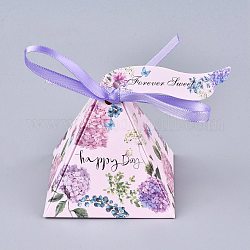 ピラミッド型キャンディー包装箱  幸せな日の結婚披露宴のギフトボックス  リボンと紙のカード付き  花柄  ライラック  7.5x7.5x7.6cm  リボン：43.5~46x0.65~0.75cm  紙カード：7.5x2cm
