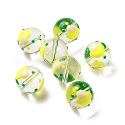 Perle di vetro trasparente, con smalto, tondo, giallo, modello di limone, 14~15x13~13.5mm, Foro: 1.5~1.6 mm