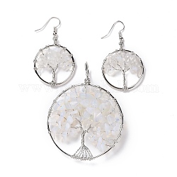 Brass Jewelry Sets, Big Pendants and Dangle Earrings, with Opalite, Platinum, Ring with Tree of Life, 63~67x49~51x1.5~10mm, Hole: 4x5mm, 50~55x28~30x1.5~8mm, Pin: 0.8mm