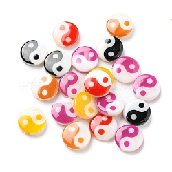 Printed Natural Freshwater Shell Beads, Yin Yang Flat Round Beads, Mixed Color, 11~12x3~3.5mm, Hole: 0.8mm