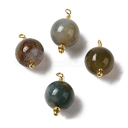 Natural Indian Agate Pendants, Round Charms with Real 18K Gold Plated Brass Loops, 18~19.5x10~10.5mm, Hole: 1.5mm