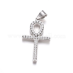 304 Stainless Steel Pendants, with Crystal Rhinestone, Religion, Ankh Cross, Stainless Steel Color, 44.5x25x3.5mm, Hole: 5.5x7.5mm
