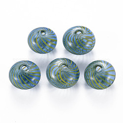 Perles de globe en verre soufflé à la main transparent, rayure, plat rond, bleuet, 15.5~17.5x10~12mm, Trou: 1~2mm