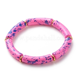 Stretch-Armband aus gebogenem Acrylrohr mit Perlen, stämmiges Freundschaftsarmband aus Bambus für Frauen, tief rosa, Innendurchmesser: 2-1/8 Zoll (5.3 cm)