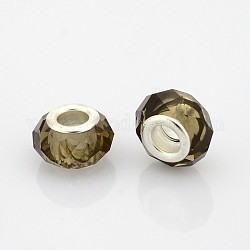 European Beads vetro sfaccettato, perline rondelle  con foro grande, con anime in ottone placcato color argento, caffè, 14x9mm, Foro: 5 mm