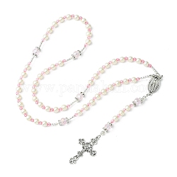 Ожерелье из стеклянных жемчужных четок, колье с подвеской в виде креста и Девы Марии из сплава, розовые, 24.41 дюйм (62 см)
