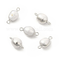 Dijes de conector de perlas naturales, enlaces ovales, con bucles dobles de latón, Platino, 17~18x8~9mm, agujero: 1.6~1.8 mm