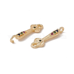 Charms in ottone con pavé di zirconi colorati, collegamenti chiave del fiore, vero placcato oro 18k, 18.5x5.5x3.5mm, Foro: 1.4 mm