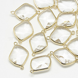 Connecteurs de liens en verre, avec les accessoires en laiton de tonalité d'or, facette, losange, clair, 27.5x19x6mm, Trou: 1.5mm
