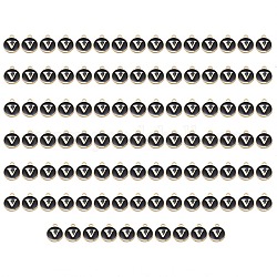 Breloques en alliage d'émail plaqué or, paillettes émaillées, plat rond, noir, letter.v, 14x12x2mm, Trou: 1.5mm, 100 pcs / boîte