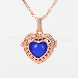 Rose Gold Plated Brass Rhinestone Cage Pendants, Chime Ball Pendants, Hollow Heart, with No Hole Spray Painted Brass Round Ball Beads, Blue, 28x27x15mm, Hole: 3x8mm
