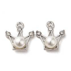 Lega con pendenti in strass, con abs imitazione perla, charms corona, platino, 18.5x17x7.5mm, Foro: 2 mm