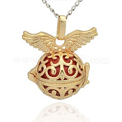 Golden Tone Brass Hollow Round Cage Pendants, with No Hole Spray Painted Brass Round Beads, Red, 31x30x21mm, Hole: 3x8mm