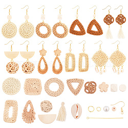 SUNNYCLUE DIY Ocean Style Earring Making Kits, Including Wood & Glass Pearl & Cowrie Shell Beads, Reed Cane/Rattan Woven Beads & Links & Pendants, Nylon Tassels,Brass Earring Hooks, Golden
