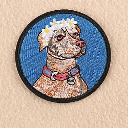 Tissu de broderie informatisé fer / coudre sur les patchs de chiot, accessoires de costumes, appliques, rond plat avec chien et cerceau floral, bleu royal, 8.2 cm