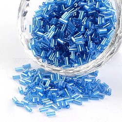 Colori trasparenti perle di perle di bugle placcate con lucentezza rotonda, cielo blu profondo, 2~5x1.8~2mm, Foro: 0.8 mm, circa 12000pcs/450g