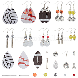 Sunnyclue DIY Sportball Themen Ohrring Herstellung Kits, einschließlich PU-Leder & Rindsleder & Legierung & Kunststoffanhänger, Perlen aus Acryl und Glasperlen, Messing Ohrhaken, Antikes Silber & Silber