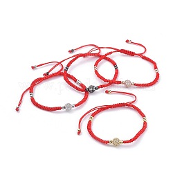 Bracciali di perline intrecciati con fili di nylon regolabili, braccialetti con cordino rosso, con perline in zirconi cubici micro pavè di ottone e perline in ottone, tondo, rosso, colore misto, 2-1/8 pollice ~ 3-5/8 pollici (5.4~9.2 cm)