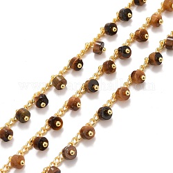 Chaînes de perles naturelles d'oeil de tigre, avec chaîne en laiton à placage ionique (ip), Plaqué longue durée, soudé, 3x2x0.5mm