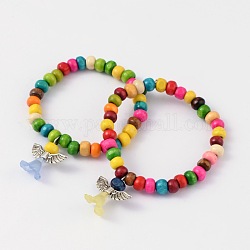Enfants bracelets bracelets élastiques en perles de bois, avec des pendentifs acryliques en alliage, belle robe de mariée ange dangle, couleur mixte, 45mm