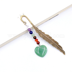 Signet pendentif coeur en aventurine verte naturelle, avec 7 perles rondes en pierres précieuses naturelles, signet en alliage en forme de plume, 120mm