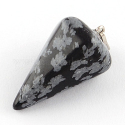 Pendentifs en pierre d'obsidienne naturelle en forme de flocon de neige avec des accessoires en fer plaqué platine, Pendule à cône, 25~27x14x14mm, Trou: 6x3mm