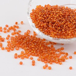 8/0 Perlas de semillas de vidrio, plata forrada agujero redondo, redondo, naranja oscuro, 3mm, agujero: 1 mm, aproximamente 1097 unidades / 50 g