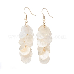Natural Capiz Shell Cluster Earrings, with Brass Earring Hooks, Flat Round, Golden, Seashell Color, 65x16mm, Pin: 0.7mm