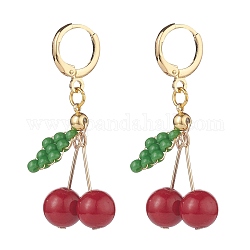 Boucles d'oreilles à levier en jade mashan naturel et perles de verre, bijoux en fil de laiton pour femmes, rouge, 42mm, pin: 0.85 mm