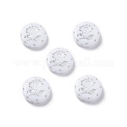 Perles acryliques opaques, métal enlacée, plat rond avec motif floral, blanc, 17.5~18x5~5.5mm, Trou: 1.8mm, environ 399 pcs/500 g