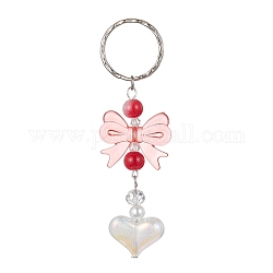 Coeur acrylique avec porte-clés bowknot, avec perles de verre et fermoir porte-clés en fer, corail lumière, 9.4 cm
