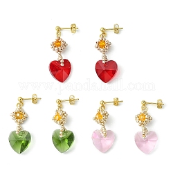 Glass Heart Dangle Stud Earrings, Golden 304 Stainless Steel Earrings, Mixed Color, 33~36x14mm