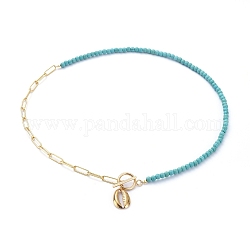 Pendant Necklaces, with Synthetic Turquoise Beads, Brass Paperclip Chains, 304 Stainless Steel Pendants and Toggle Clasps, Cowrie Shell Shape, Turquoise, 19.6 inch(50cm)