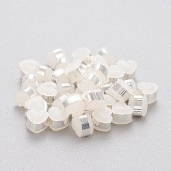 Poussoirs d'oreilles en plastique écologiques, dos d'oreille, avec accessoires en 304 acier inoxydable, cœur, blanc, couleur d'argent, 5.5x6x5~5.5mm, Trou: 1.2~1.4mm